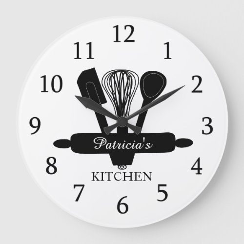  Black And White Baking Utensils Kitchen Name Large Clock