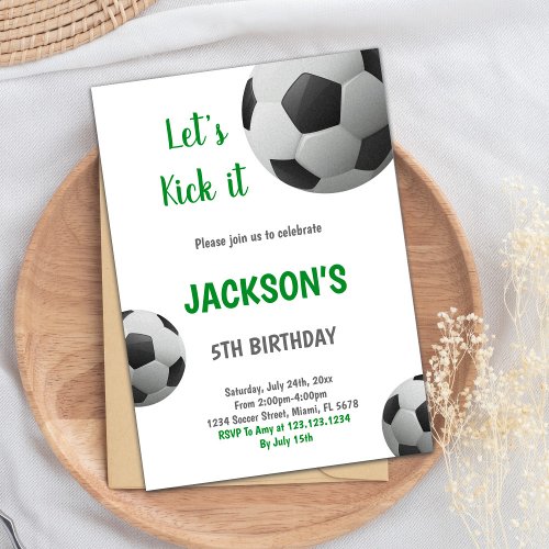 Black and White  Ball Green Text Soccer Invitation
