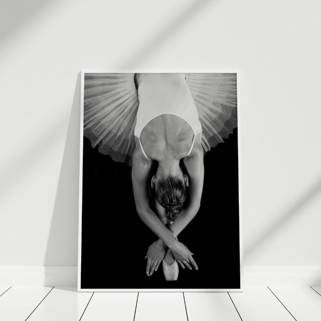 Black and White Ballet Dancer Wall Art (Black and White Ballerina Poster Print in white frame on wooden floor.)