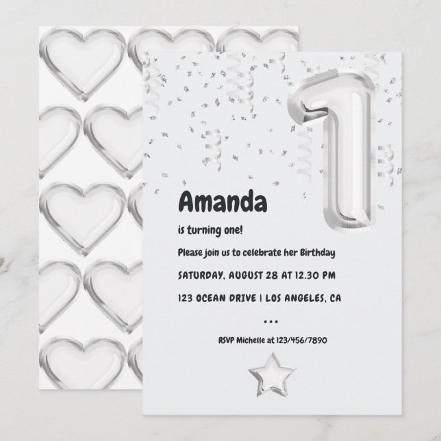 Black and White Balloon 1st Birthday Party Invitation (Front/Back)