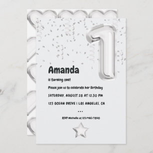 Black and White Balloon 1st Birthday Party Invitation