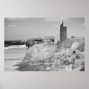 black and white ballybunion castle ruins poster