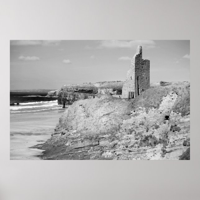 black and white ballybunion castle ruins poster (Front)