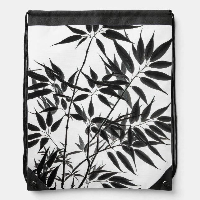 Black and White Bamboo Plant Drawstring Bag (Front)