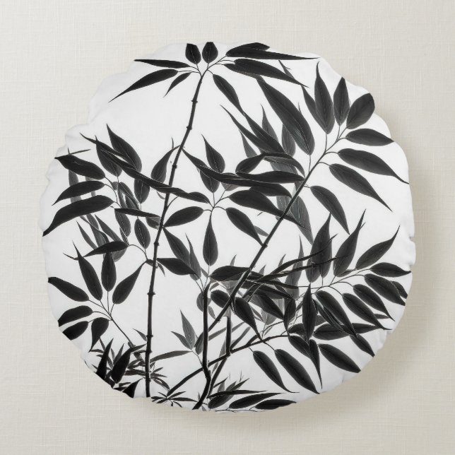 Black and White Bamboo Plant Round Pillow (Front)