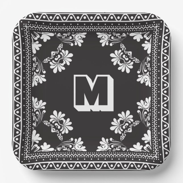 Black and White Bandana Design With Monogram Paper Plates (Front)