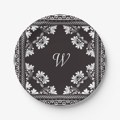 Black and White Bandana With Monogram Paper Plates