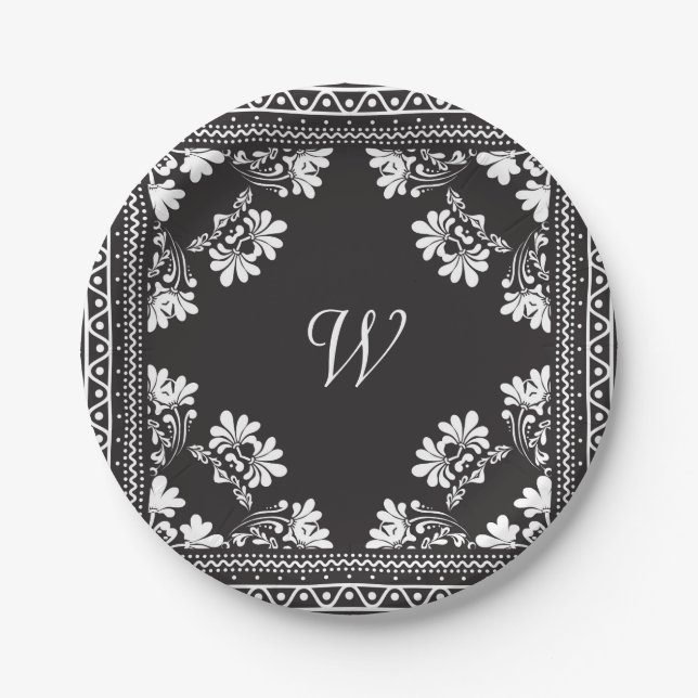 Black and White Bandana With Monogram Paper Plates (Front)