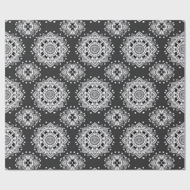 Black and White Bandanna Mandala Wrapping Paper (Flat)