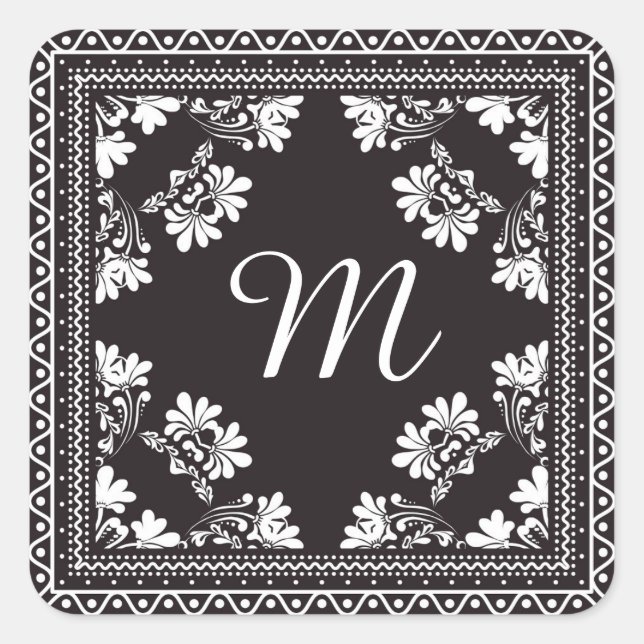 Black and White Bandanna Monogram Square Sticker (Front)
