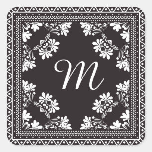 Black and White Bandanna Monogram Square Sticker