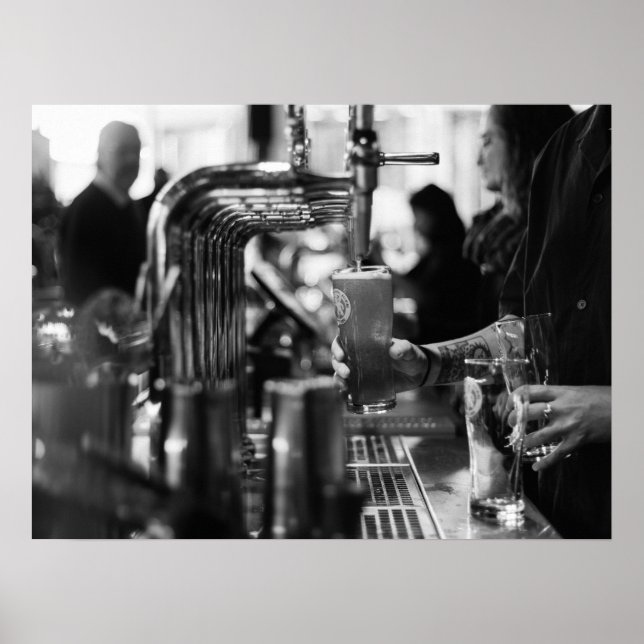Black and White Bar Scene Pouring Fresh Draft Beer Poster (Front)