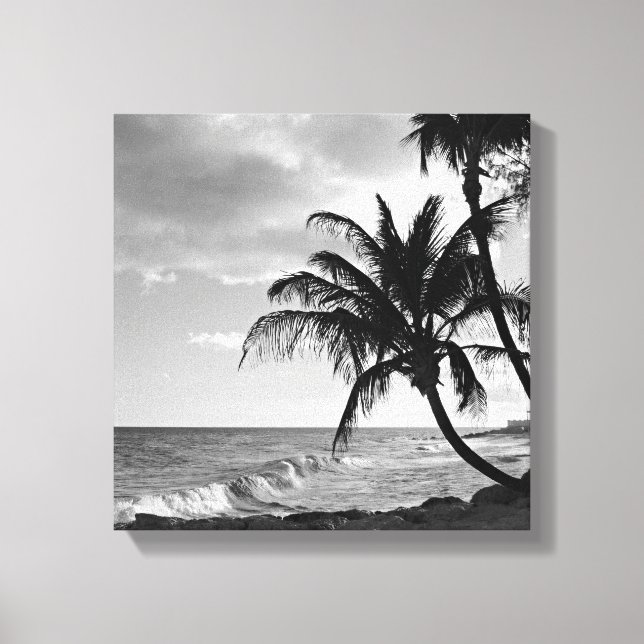 Black and White Barbados Palm Tree Beach Canvas Print (Front)