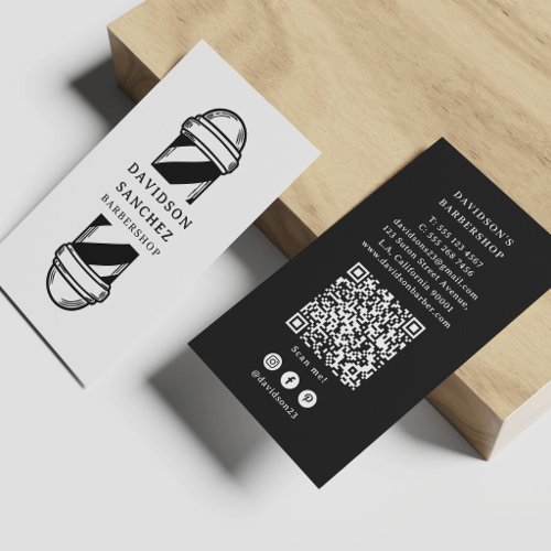 Black and White Barbershop QR Code & Social Media  Business Card