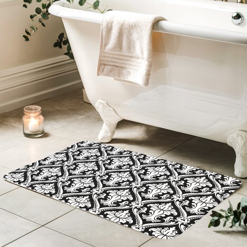 Black And White Baroque Damask Pattern Bathroom Mat