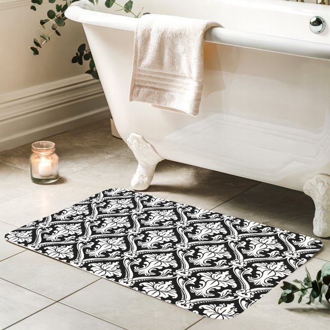 Black and White Baroque Damask Pattern Bathroom Mat (Creator Uploaded)