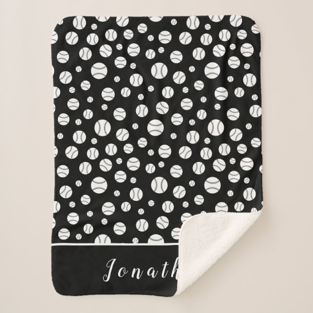 Black and White Baseball Ball Pattern Personalized Sherpa Blanket (Front)
