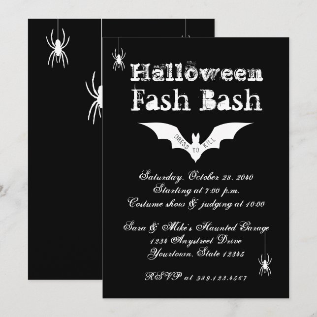 Black and White Bat Chic Crazy Halloween Party Invitation (Front/Back)