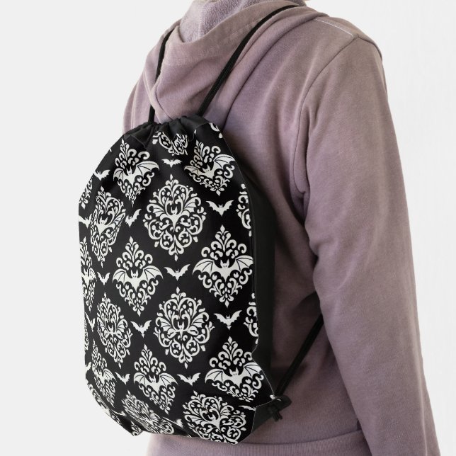 Black and White Bat Damask Drawstring Bag (Insitu)