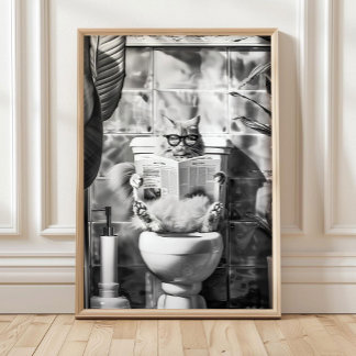 Black and White Bathroom Cat Print, Funny Posters, Poster
