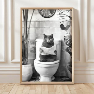 Black and White Bathroom Cat Print, Funny Posters, Poster