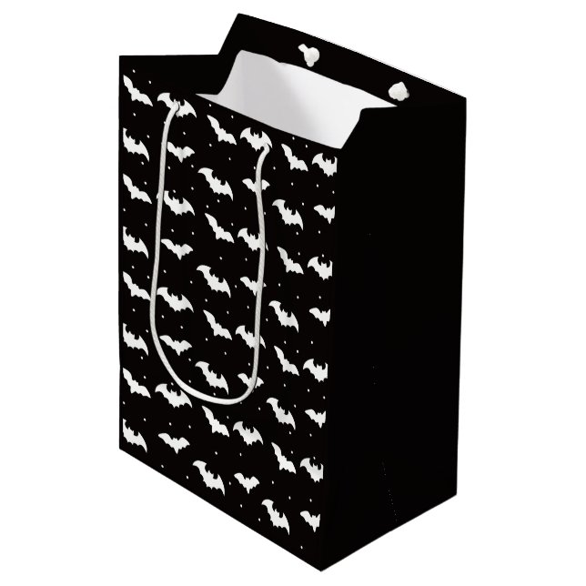 Black and White Bats Black Halloween Medium Gift Bag (Front Angled)