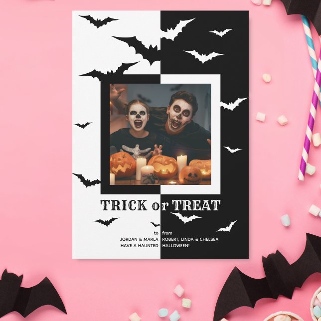 Black and White Bats Frame Photo Halloween Holiday Card (Halloween's charm in black or white, trick or treat!)
