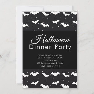 Black and White Bats Halloween Dinner Party Invitation