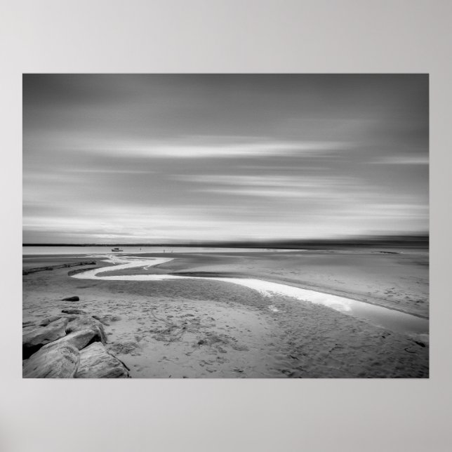 Black and White Beach Landscape with Tidal Stream Poster (Front)