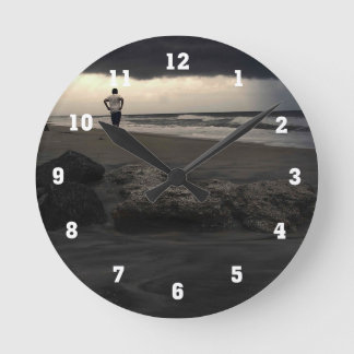 Black and White Beach Photo Round Clock