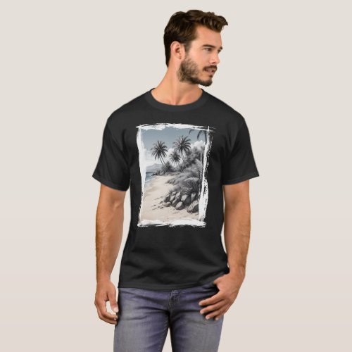 Black and white beach with stroke frame effect T_Shirt