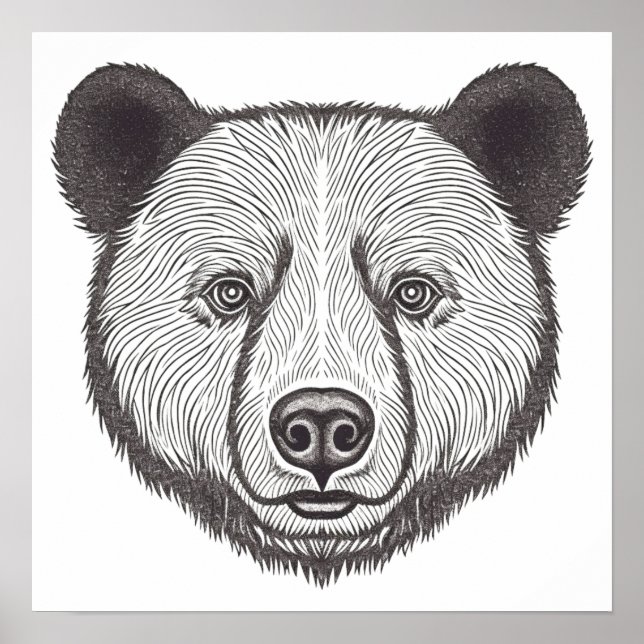 Black and White Bear Portrait Cute Stencil Art Poster (Front)