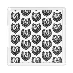 Black and White Bear's Face Ink Drawing Acrylic Tray