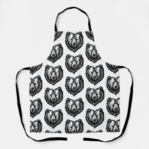 Black and White Bear's Face Ink Drawing Apron