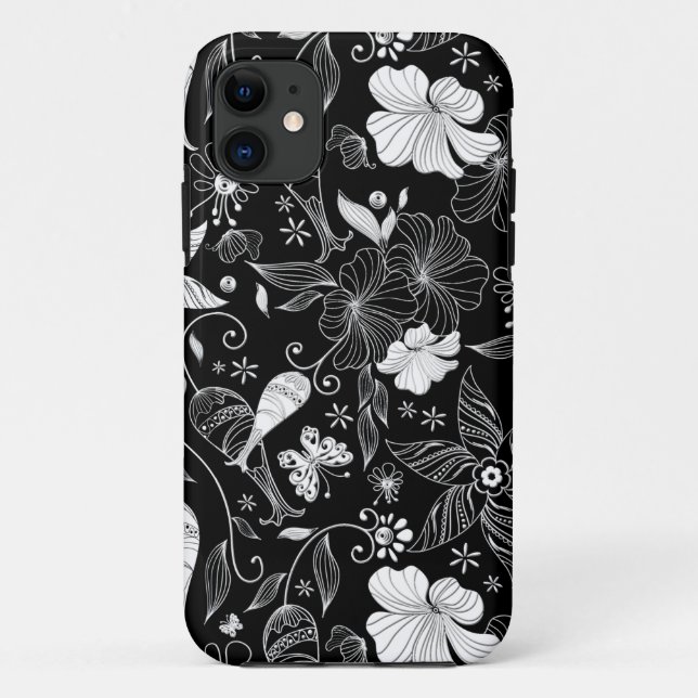 Black and white beautiful retro flowers pattern Case-Mate iPhone case (Back)