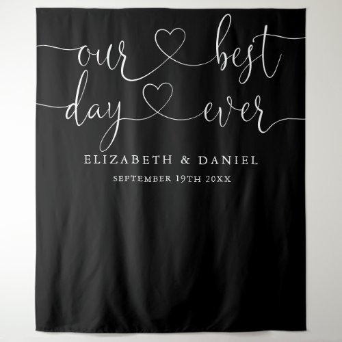 Black And White Best Day Ever Heart Script Wedding Tapestry