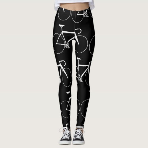 BLACK AND WHITE BICYCLE ICON PATTERN LEGGINGS