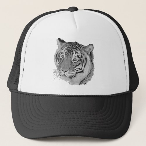 black and white big cat wildlife picture of tiger trucker hat