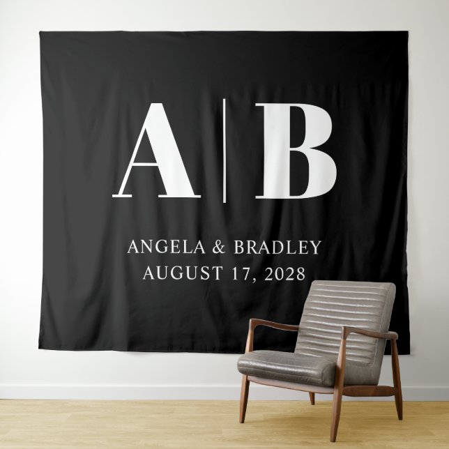 Black and White Big Letters Wedding Monogram Tapestry (In Situ (Horizontal))