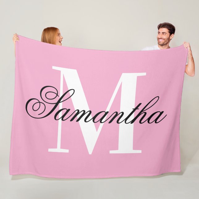 Black and White Big Monogram Pink Fleece Blanket (In Situ)