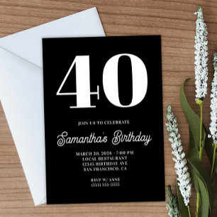 Black and White Big Number 40th Birthday Invitation