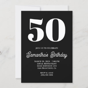Black and White Big  Number 50th Birthday Invitation