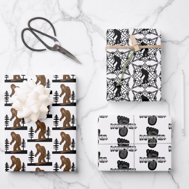 Black and White Bigfoot Sasquatch Birthday Wrapping Paper Sheets (Front)