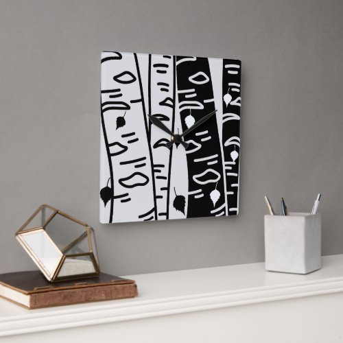 Black and White Birch Tree Pattern Square Wall Clock