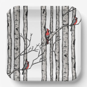 Black and White Birch Trees and Red Cardinal Birds Paper Plates