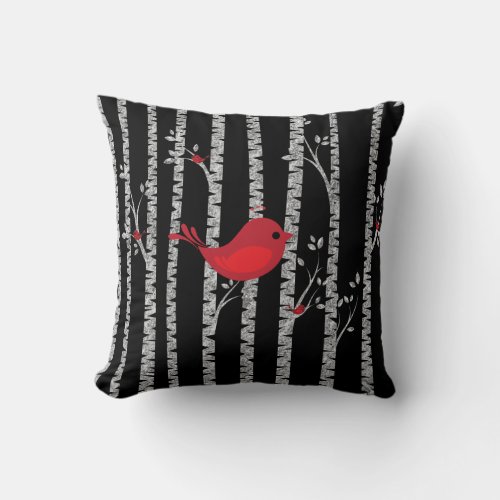 Black and White Birch Trees with Red Bird Throw Pillow