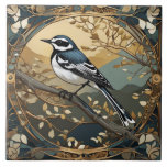 Black and White Bird Art Nouveau Art Deco Ceramic Tile<br><div class="desc">art nouveau pied wagtail, art deco vintage antique, stylish glamorous bird branch, autumnal classy classic birds, beautiful nature cream beige, gold black and white, yellow golden tree woods, contemporary modern winter, autumn fall garden wildlife, mucha gustav klimt inspired</div>