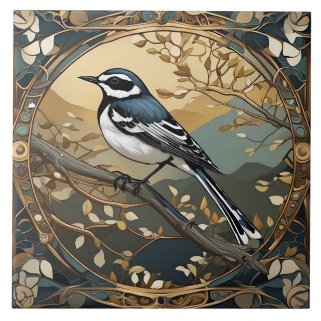 Black and White Bird Art Nouveau Art Deco Ceramic Tile (Front)