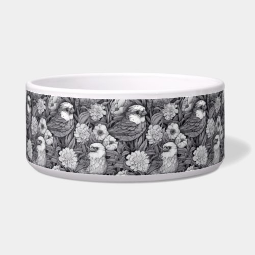 Black and White Bird in Flowers Pet Bowl