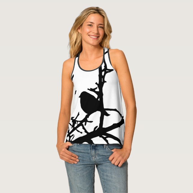 Black and White Bird in Tree Animal Tank Top (Front Full)
